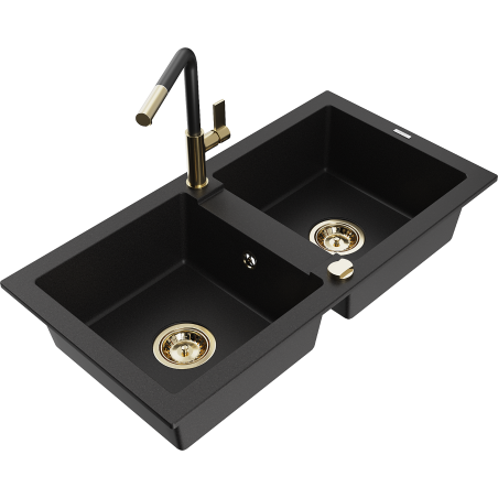 Mexen Mario zlewozmywak granitowy 2-komorowy z baterią kuchenną Flora, czarny - 6504-77-670401-57-G