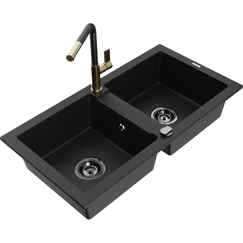 Mexen Mario zlewozmywak granitowy 2-komorowy z baterią kuchenną Flora, czarny - 6504-77-670401-57-B