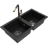 Mexen Mario zlewozmywak granitowy 2-komorowy z baterią kuchenną Flora, czarny - 6504-77-670401-57-B
