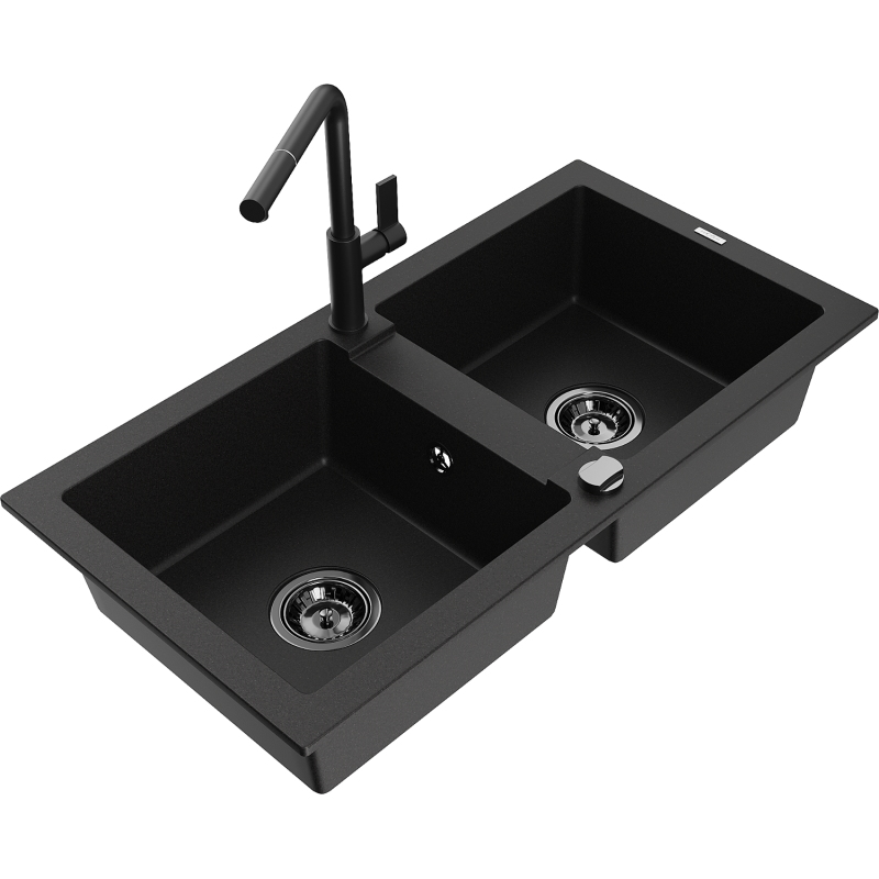 Mexen Mario zlewozmywak granitowy 2-komorowy z baterią kuchenną Flora, czarny - 6504-77-670401-70-B