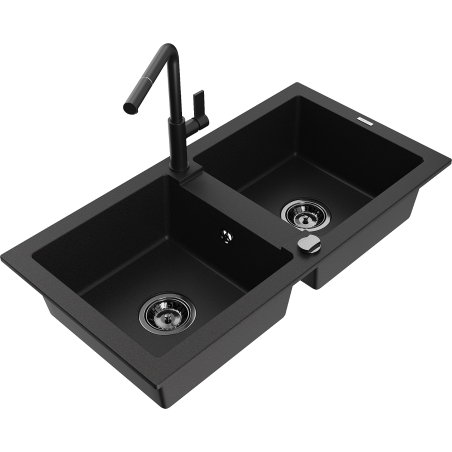 Mexen Mario zlewozmywak granitowy 2-komorowy z baterią kuchenną Flora, czarny - 6504-77-670401-70-B