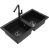 Mexen Mario zlewozmywak granitowy 2-komorowy z baterią kuchenną Flora, czarny - 6504-77-670401-70-B