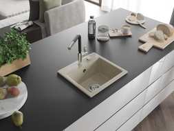 Mexen Milo zlewozmywak granitowy 1-komorowy z baterią kuchenną Flora, beżowy - 6505-69-670401-07