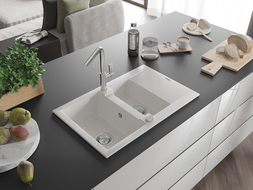 Mexen Gaspar zlewozmywak granitowy 1,5-komorowy z ociekaczem i baterią kuchenną Flora, biały - 6507-20-670401-00