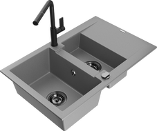Mexen Gaspar zlewozmywak granitowy 1,5-komorowy z ociekaczem i baterią kuchenną Flora, szary - 6507-71-670401-70-B