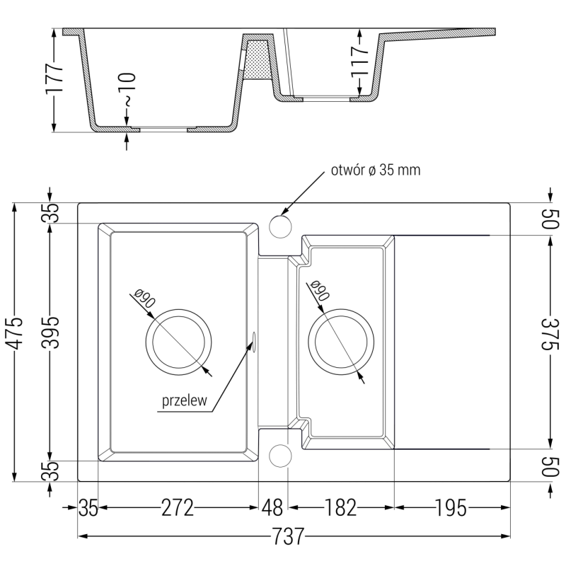 Mexen Gaspar zlewozmywak granitowy 1,5-komorowy z ociekaczem i baterią kuchenną Flora, czarny/złoty metalik - 6507-75-670401-07