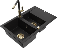 Mexen Gaspar zlewozmywak granitowy 1,5-komorowy z ociekaczem i baterią kuchenną Flora, czarny - 6507-77-670401-57-G