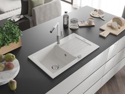 Mexen Pablo zlewozmywak granitowy 1-komorowy z ociekaczem i baterią kuchenną Flora, biały - 6510-20-670401-02