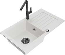 Mexen Pablo zlewozmywak granitowy 1-komorowy z ociekaczem i baterią kuchenną Flora, biały - 6510-20-670401-70-B