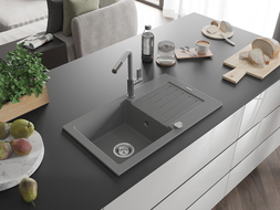 Mexen Pablo zlewozmywak granitowy 1-komorowy z ociekaczem i baterią kuchenną Flora, szary - 6510-71-670401-06