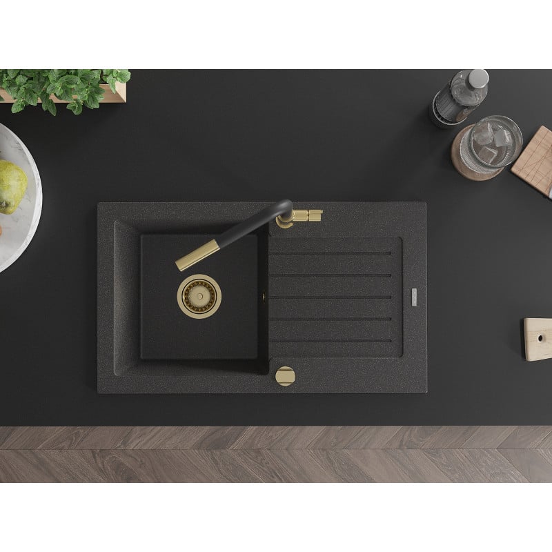 Mexen Pablo zlewozmywak granitowy 1-komorowy z ociekaczem i baterią kuchenną Flora, czarny nakrapiany - 6510-76-670401-57-G