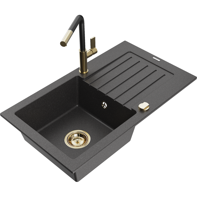 Mexen Pablo zlewozmywak granitowy 1-komorowy z ociekaczem i baterią kuchenną Flora, czarny nakrapiany - 6510-76-670401-57-G