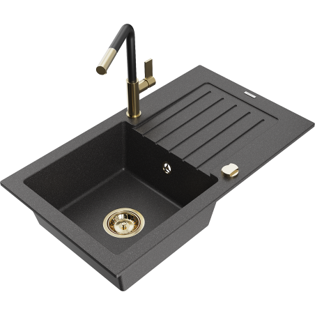 Mexen Pablo zlewozmywak granitowy 1-komorowy z ociekaczem i baterią kuchenną Flora, czarny nakrapiany - 6510-76-670401-57-G