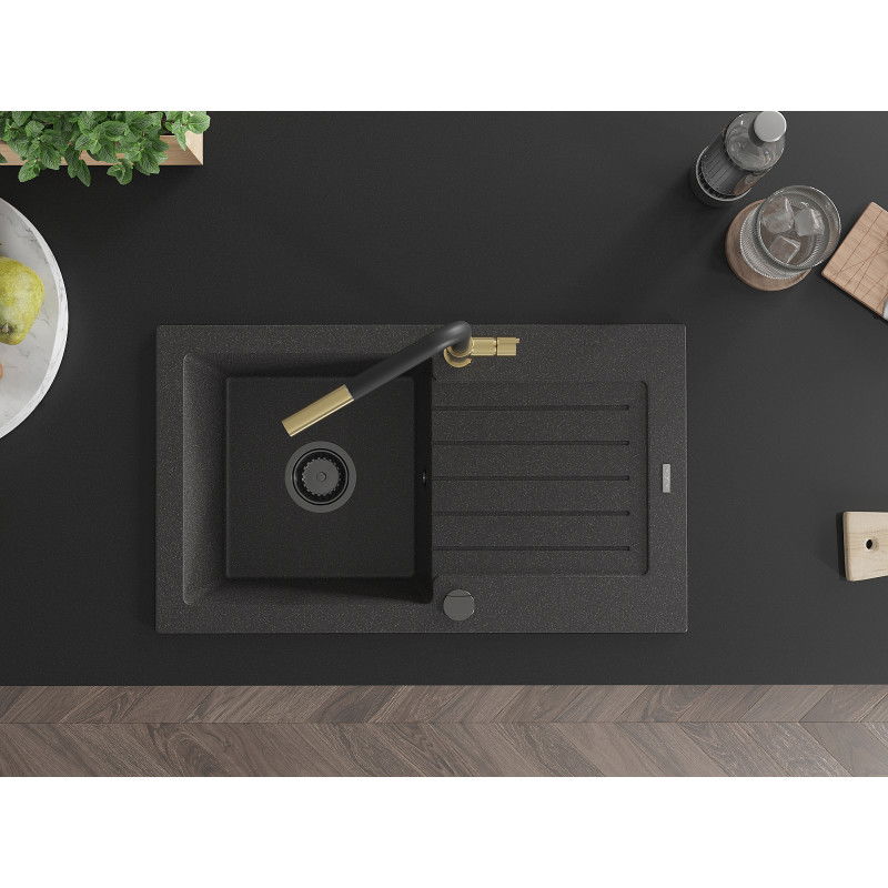 Mexen Pablo zlewozmywak granitowy 1-komorowy z ociekaczem i baterią kuchenną Flora, czarny nakrapiany - 6510-76-670401-57-B