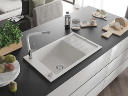 Mexen Elias zlewozmywak granitowy 1-komorowy z ociekaczem i baterią kuchenną Flora, biały - 6511-20-670401-02