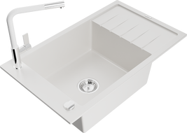 Mexen Elias zlewozmywak granitowy 1-komorowy z ociekaczem i baterią kuchenną Flora, biały - 6511-20-670401-02