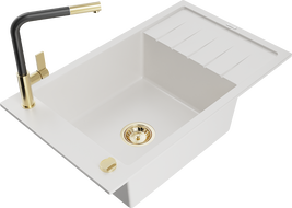 Mexen Elias zlewozmywak granitowy 1-komorowy z ociekaczem i baterią kuchenną Flora, biały - 6511-20-670401-57-G