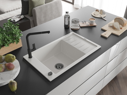 Mexen Elias zlewozmywak granitowy 1-komorowy z ociekaczem i baterią kuchenną Flora, biały - 6511-20-670401-70-B