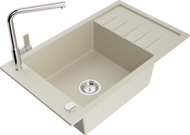 Mexen Elias zlewozmywak granitowy 1-komorowy z ociekaczem i baterią kuchenną Flora, beżowy - 6511-69-670401-00