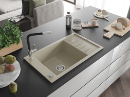 Mexen Elias zlewozmywak granitowy 1-komorowy z ociekaczem i baterią kuchenną Flora, beżowy - 6511-69-670401-07