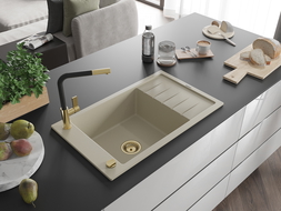 Mexen Elias zlewozmywak granitowy 1-komorowy z ociekaczem i baterią kuchenną Flora, beżowy - 6511-69-670401-57-G