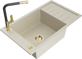 Mexen Elias zlewozmywak granitowy 1-komorowy z ociekaczem i baterią kuchenną Flora, beżowy - 6511-69-670401-57-G