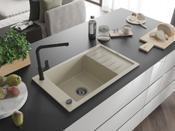 Mexen Elias zlewozmywak granitowy 1-komorowy z ociekaczem i baterią kuchenną Flora, beżowy - 6511-69-670401-70-B