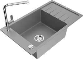 Mexen Elias zlewozmywak granitowy 1-komorowy z ociekaczem i baterią kuchenną Flora, szary - 6511-71-670401-00