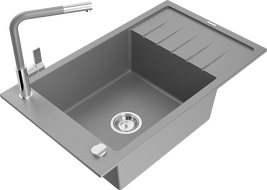 Mexen Elias zlewozmywak granitowy 1-komorowy z ociekaczem i baterią kuchenną Flora, szary - 6511-71-670401-06