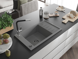 Mexen Elias zlewozmywak granitowy 1-komorowy z ociekaczem i baterią kuchenną Flora, szary - 6511-71-670401-07-B