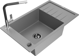 Mexen Elias zlewozmywak granitowy 1-komorowy z ociekaczem i baterią kuchenną Flora, szary - 6511-71-670401-07-B