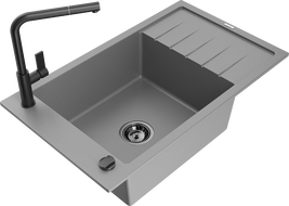 Mexen Elias zlewozmywak granitowy 1-komorowy z ociekaczem i baterią kuchenną Flora, szary - 6511-71-670401-70-B