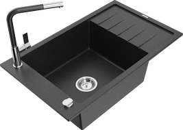 Mexen Elias zlewozmywak granitowy 1-komorowy z ociekaczem i baterią kuchenną Flora, czarny/srebrny metalik - 6511-73-670401-07