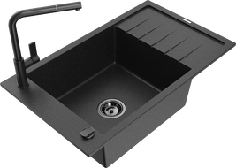 Mexen Elias zlewozmywak granitowy 1-komorowy z ociekaczem i baterią kuchenną Flora, czarny/srebrny metalik - 6511-73-670401-70-B
