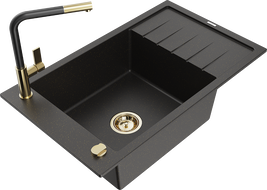 Mexen Elias zlewozmywak granitowy 1-komorowy z ociekaczem i baterią kuchenną Flora, czarny/złoty metalik - 6511-75-670401-57-G