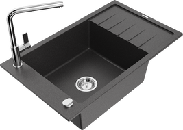 Mexen Elias zlewozmywak granitowy 1-komorowy z ociekaczem i baterią kuchenną Flora, czarny nakrapiany - 6511-76-670401-00