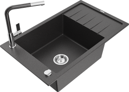 Mexen Elias zlewozmywak granitowy 1-komorowy z ociekaczem i baterią kuchenną Flora, czarny nakrapiany - 6511-76-670401-08