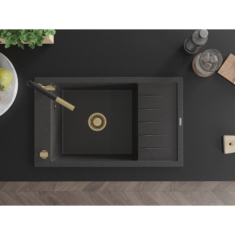 Mexen Elias zlewozmywak granitowy 1-komorowy z ociekaczem i baterią kuchenną Flora, czarny nakrapiany - 6511-76-670401-57-G