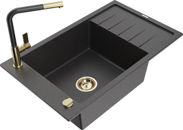 Mexen Elias zlewozmywak granitowy 1-komorowy z ociekaczem i baterią kuchenną Flora, czarny nakrapiany - 6511-76-670401-57-G