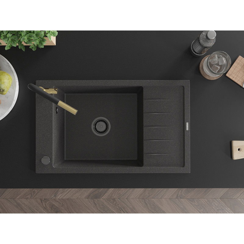 Mexen Elias zlewozmywak granitowy 1-komorowy z ociekaczem i baterią kuchenną Flora, czarny nakrapiany - 6511-76-670401-57-B