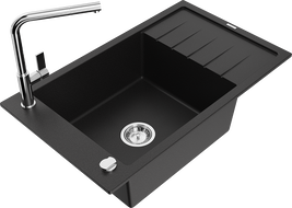 Mexen Elias zlewozmywak granitowy 1-komorowy z ociekaczem i baterią kuchenną Flora, czarny - 6511-77-670401-00
