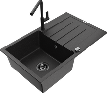 Mexen Bruno zlewozmywak granitowy 1-komorowy z ociekaczem i baterią kuchenną Flora, czarny/srebrny metalik - 6513-73-670401-70-B
