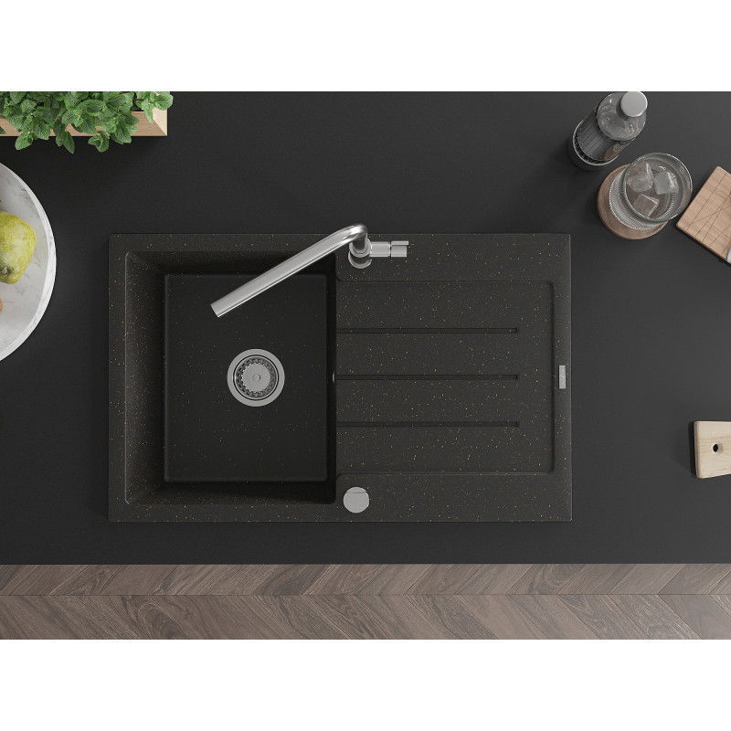 Mexen Bruno zlewozmywak granitowy 1-komorowy z ociekaczem i baterią kuchenną Flora, czarny/złoty metalik - 6513-75-670401-00