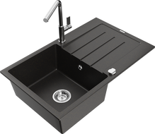 Mexen Bruno zlewozmywak granitowy 1-komorowy z ociekaczem i baterią kuchenną Flora, czarny/złoty metalik - 6513-75-670401-00