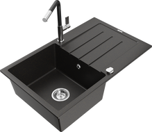 Mexen Bruno zlewozmywak granitowy 1-komorowy z ociekaczem i baterią kuchenną Flora, czarny/złoty metalik - 6513-75-670401-07