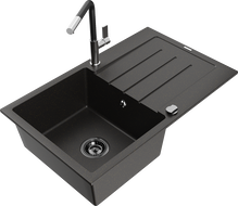 Mexen Bruno zlewozmywak granitowy 1-komorowy z ociekaczem i baterią kuchenną Flora, czarny/złoty metalik - 6513-75-670401-07-B