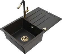 Mexen Bruno zlewozmywak granitowy 1-komorowy z ociekaczem i baterią kuchenną Flora, czarny/złoty metalik - 6513-75-670401-57-G