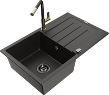 Mexen Bruno zlewozmywak granitowy 1-komorowy z ociekaczem i baterią kuchenną Flora, czarny/złoty metalik - 6513-75-670401-57-B