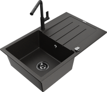 Mexen Bruno zlewozmywak granitowy 1-komorowy z ociekaczem i baterią kuchenną Flora, czarny/złoty metalik - 6513-75-670401-70-B