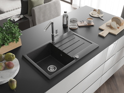 Mexen Bruno zlewozmywak granitowy 1-komorowy z ociekaczem i baterią kuchenną Flora, czarny nakrapiany - 6513-76-670401-00